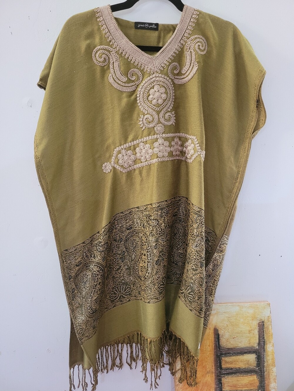 Pashmina XXL Olive Green Embroidered Women's Poncho Top -